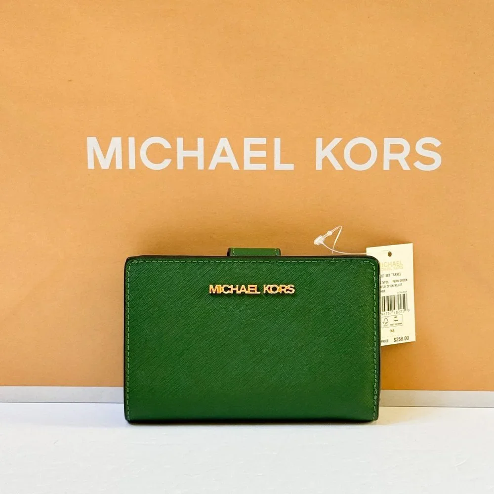 Michael Kors Jet Set Travel Medium Bifold Coin Zipper Wallet Fern Green - Picture 1 of 11